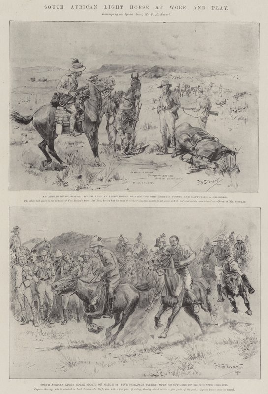 Zuid-Afrikaanse lichte cavalerie aan het werk en spel door Frank Algenon Stewart
