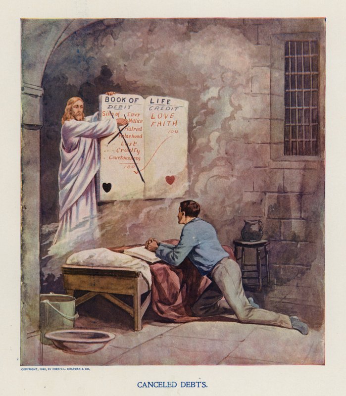 Geannuleerde schulden (kleurenlitho) door Frank Beard