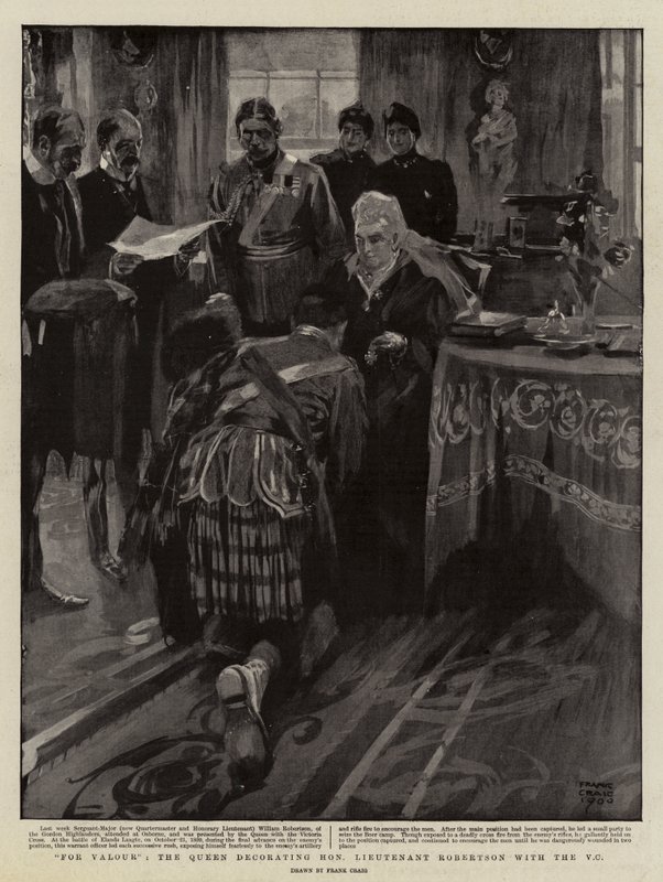 Voor Moed, de Koningin decoreert Eerwaarde Luitenant Robertson met het V C door Frank Craig