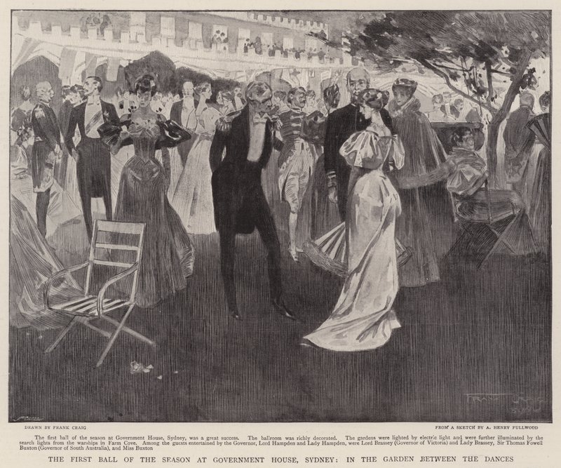 Het Eerste Bal van het Seizoen in het Regeringshuis, Sydney, in de Tuin tussen de Dansen door Frank Craig