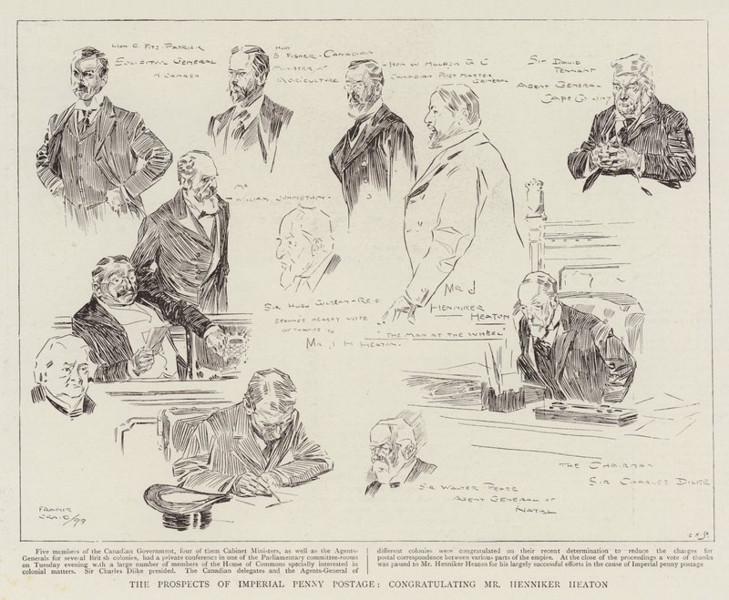 De vooruitzichten van keizerlijke penny post, felicitaties aan Mr Henniker Heaton door Frank Craig