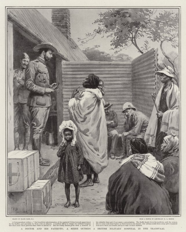 Een dokter en zijn patiënten, een scène buiten een Brits militair ziekenhuis in de Transvaal door Frank Dadd