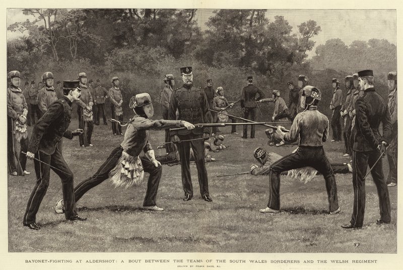 Bajonetgevecht in Aldershot, een duel tussen de teams van de South Wales Borderers en het Welsh Regiment door Frank Dadd