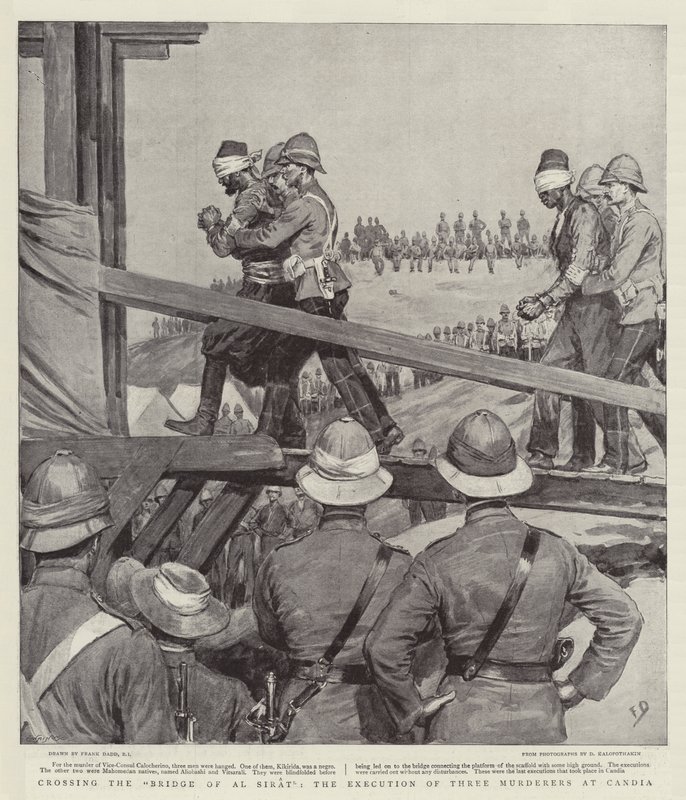 De Brug van Al Sirat Oversteken, de Executie van Drie Moordenaars in Candia door Frank Dadd
