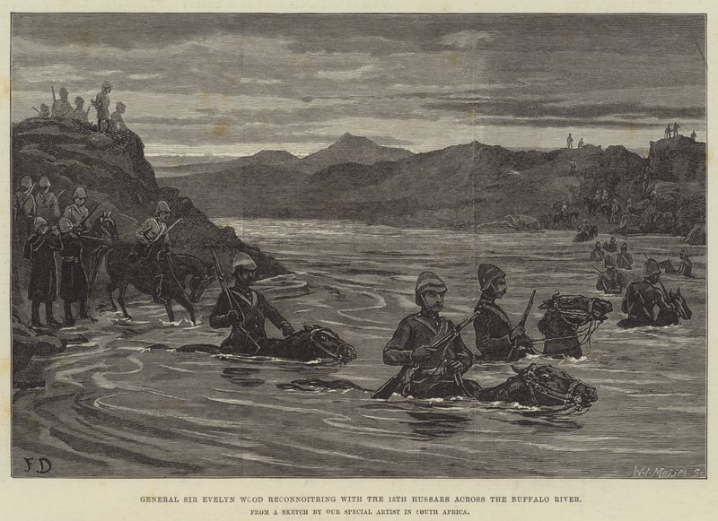 Generaal Sir Evelyn Wood verkent met de 15e Huzaren over de Buffalo Rivier door Frank Dadd