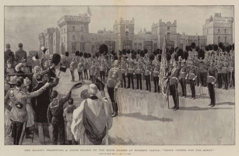 Hare Majesteit presenteert een Staatskleur aan de Scots Guards in Windsor Castle, Drie Hoera
