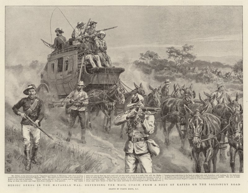 Heroïsche daden in de Matabele-oorlog, verdediging van de postkoets tegen een groep Kafirs op de Salisbury Road door Frank Dadd