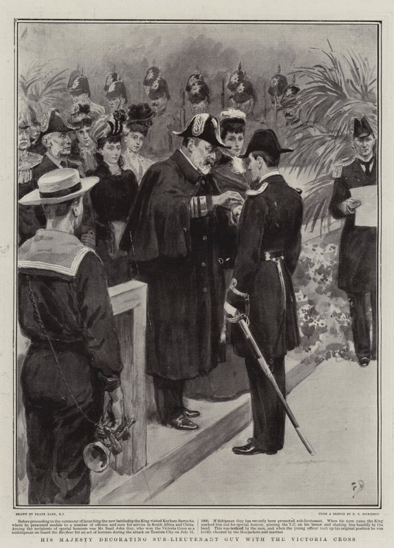 Zijne Majesteit decoreert onderluitenant Guy met het Victoria Cross door Frank Dadd
