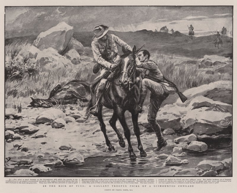 Op het nippertje, een dappere soldaat pikt een afgezette kameraad op door Frank Dadd