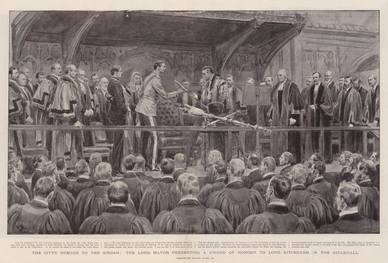 Het eerbetoon van de stad aan de Sirdar, de burgemeester die een erezwaard overhandigt aan Lord Kitchener in de Guildhall door Frank Dadd
