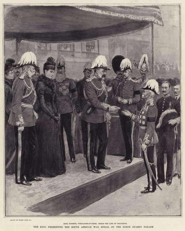 De koning presenteert de Zuid-Afrikaanse Oorlogsmedaille op de Horse Guards Parade door Frank Dadd