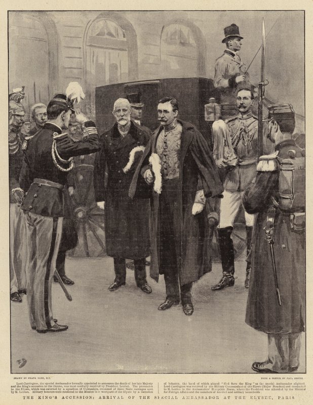 De Troonsbestijging van de Koning, Aankomst van de Speciale Ambassadeur in het Elysee, Parijs door Frank Dadd