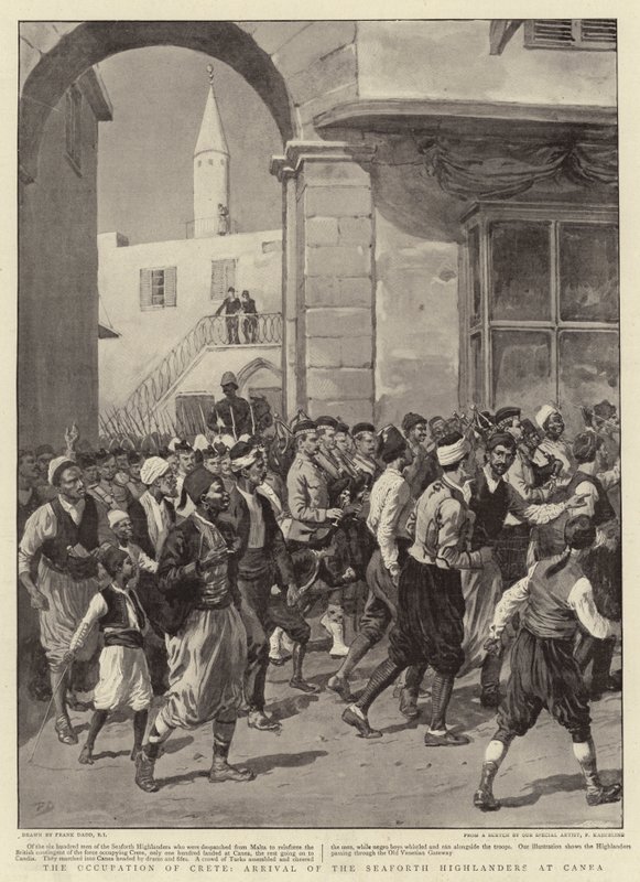 De bezetting van Kreta, aankomst van de Seaforth Highlanders in Canea door Frank Dadd