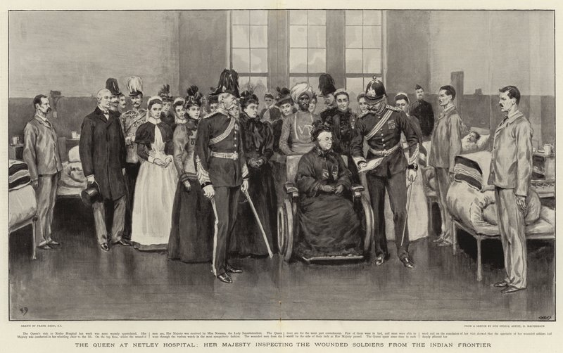 De koningin in Netley Hospital, Hare Majesteit inspecteert de gewonde soldaten van de Indiase grens door Frank Dadd