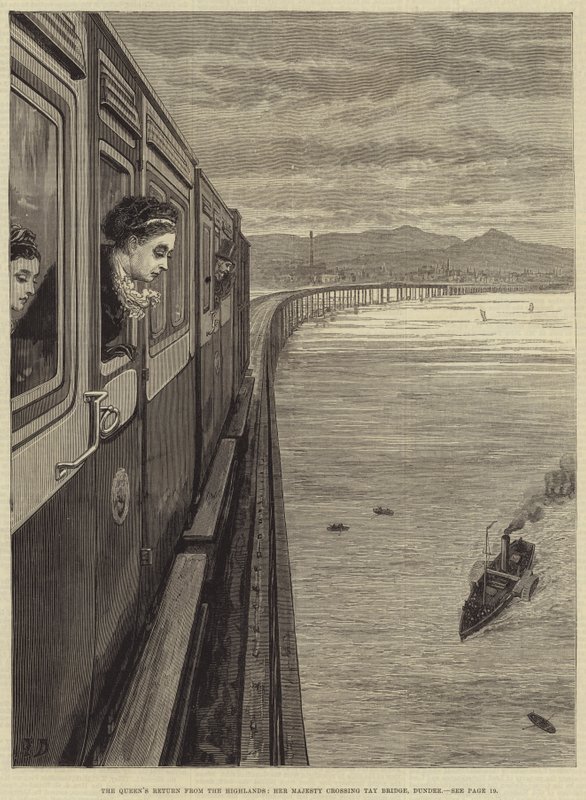 De terugkeer van de koningin uit de Hooglanden, Hare Majesteit steekt de Tay-brug over, Dundee door Frank Dadd