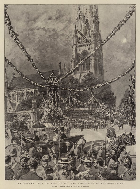 Het Bezoek van de Koningin aan Kensington, de Processie in de Hoofdstraat door Frank Dadd