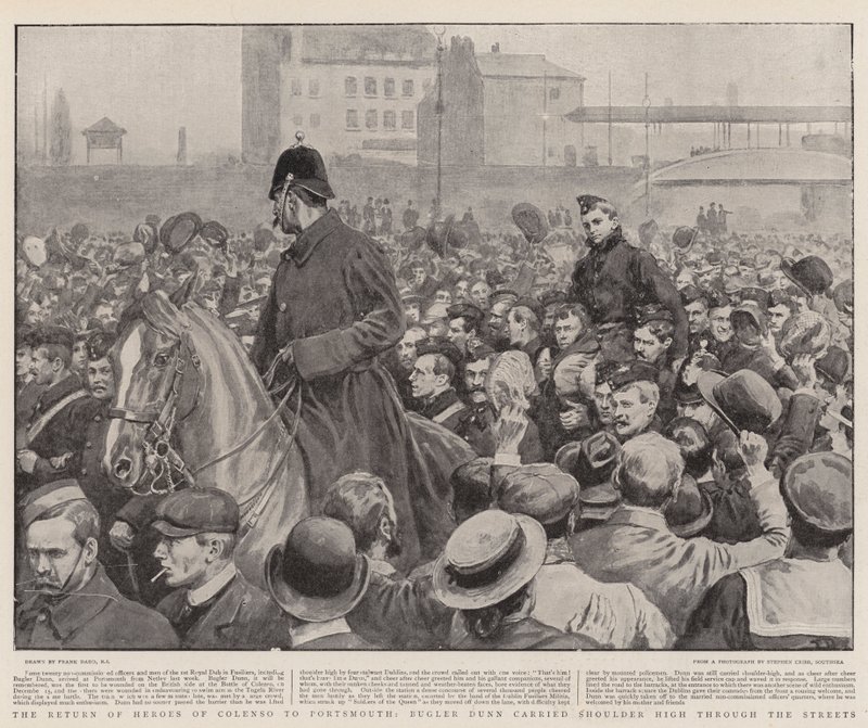 De Terugkeer van Helden van Colenso naar Portsmouth, Trompetter Dunn op de Schouders door de Straten Gedragen door Frank Dadd