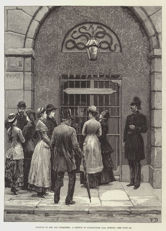 Wachten om de Gevangenen te Zien, een Schets in Kilmainham Gevangenis, Dublin door Frank Dadd