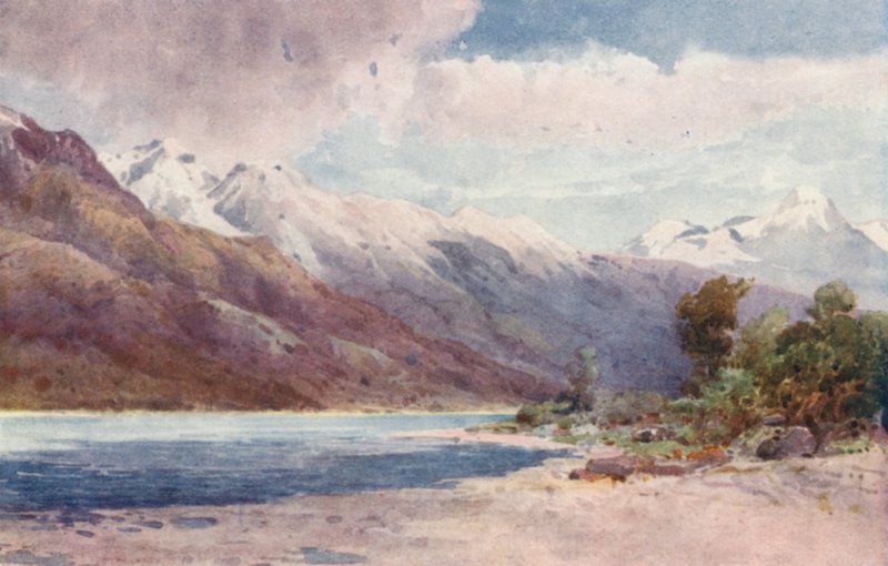 Nieuw-Zeeland: Aan het hoofd van Lake Wakatipu (kleur litho) door Frank H Wright