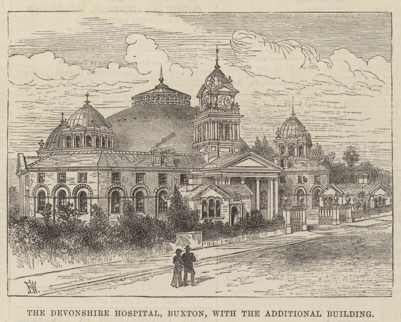 Het Devonshire Hospital, Buxton, met het extra gebouw door Frank Watkins