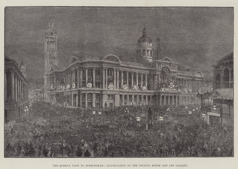 Het bezoek van de koningin aan Birmingham, verlichting van het stadhuis en kunstgalerij door Frank Watkins