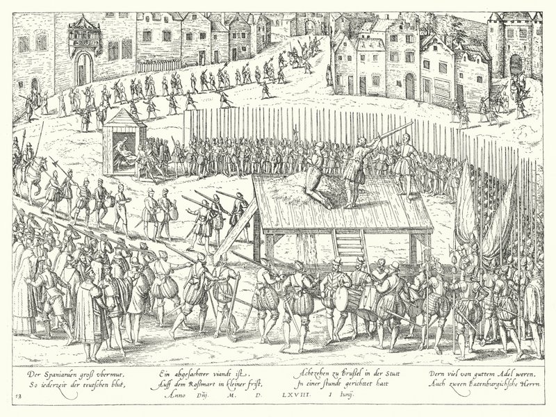 Executie van graven Egmont en Horne in Brussel, 1568 door Franz Hogenberg