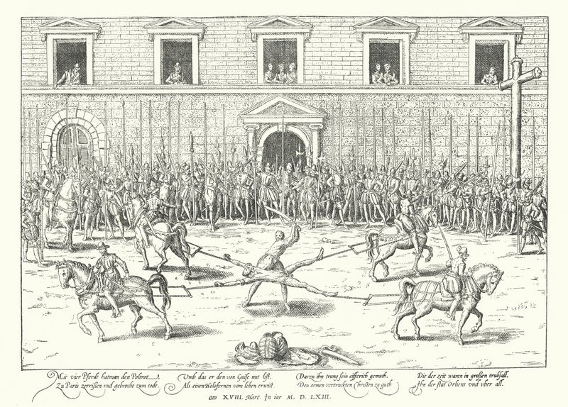 Executie van Jean de Poltrot voor de moord op Francis, hertog van Guise, Parijs, 1563 door Franz Hogenberg