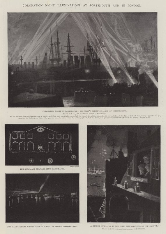 Kroningsnachtverlichting in Portsmouth en Londen door Fred T. Jane