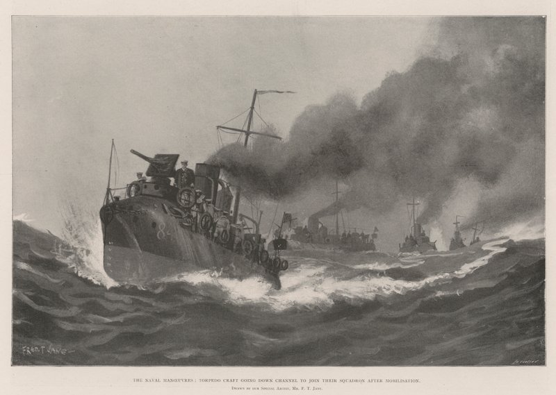 De marine-oefeningen, torpedoboten gaan het kanaal af om zich bij hun squadron aan te sluiten na mobilisatie door Fred T. Jane