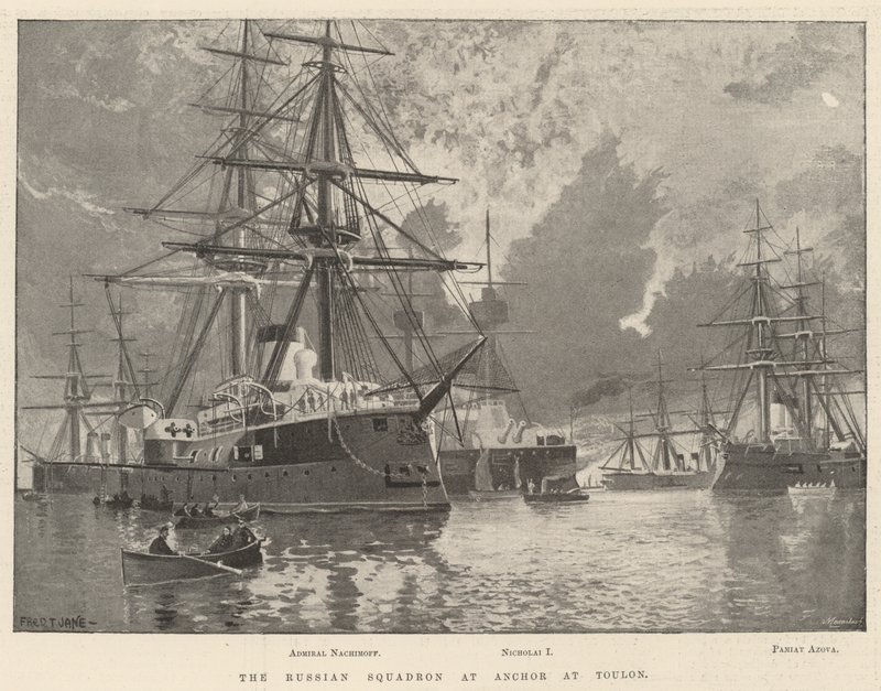 Het Russische Eskader voor Anker bij Toulon door Fred T. Jane