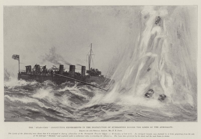 De zeester voert experimenten uit in de vernietiging van onderzeeërs voor de heren van de Admiraliteit door Fred T. Jane