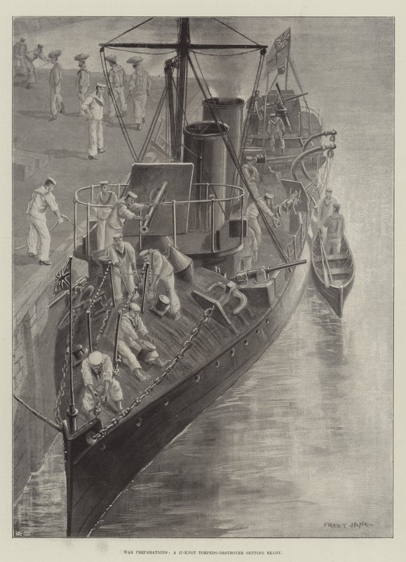 Oorlogsvoorbereidingen, een 27-knopen torpedobootjager maakt zich klaar door Fred T. Jane