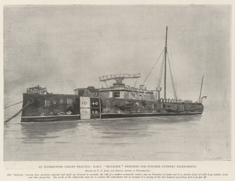 Een onderbroken schietoefening, HMS Belleisle voorbereid voor verdere schietexperimenten door Fred T. Jane