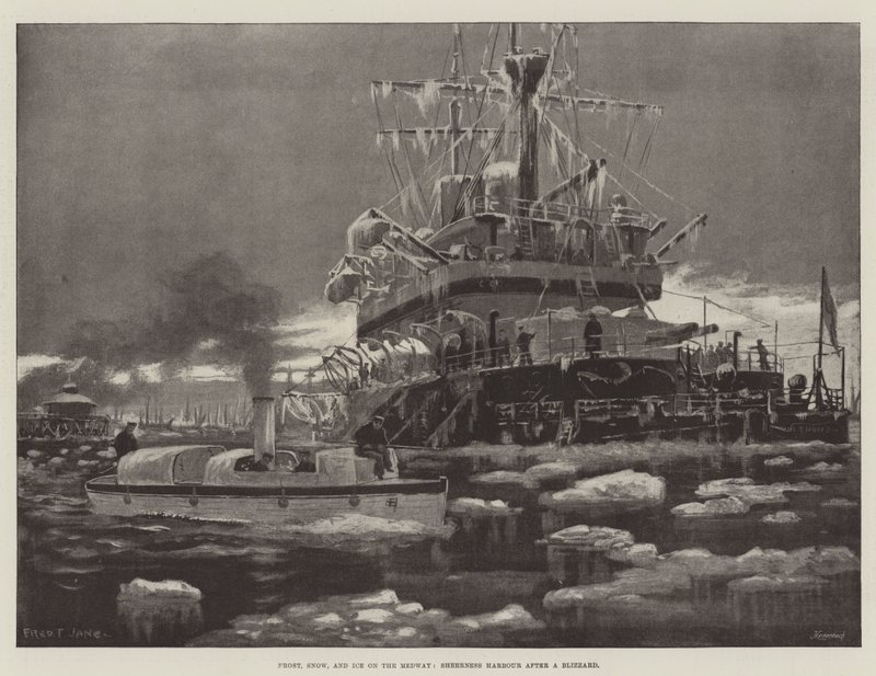 Vorst, sneeuw en ijs op de Medway, Sheerness Harbour na een sneeuwstorm door Fred T. Jane