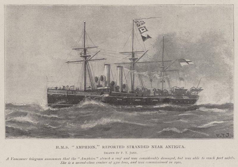 HMS Amphion, gestrand nabij Antigua door Fred T. Jane