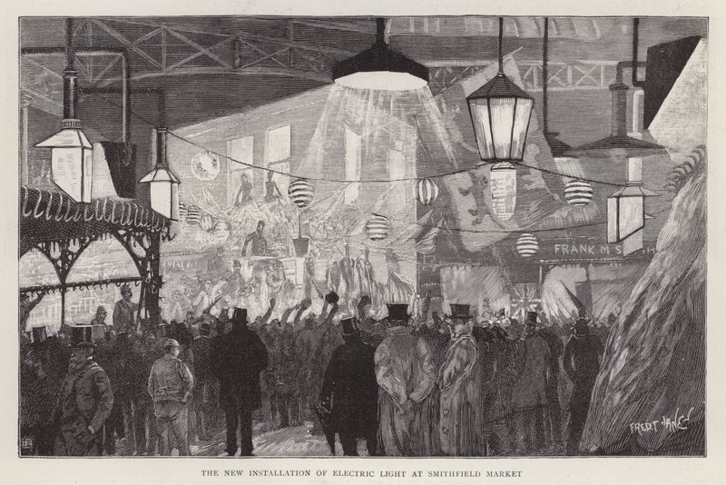 Nieuwe installatie van elektrisch licht op Smithfield Market, Londen door Fred T. Jane