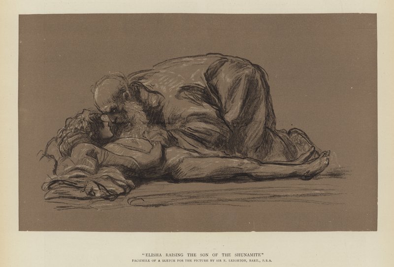 Elisa wekt de zoon van de Sunamitische vrouw op door Frederic Leighton