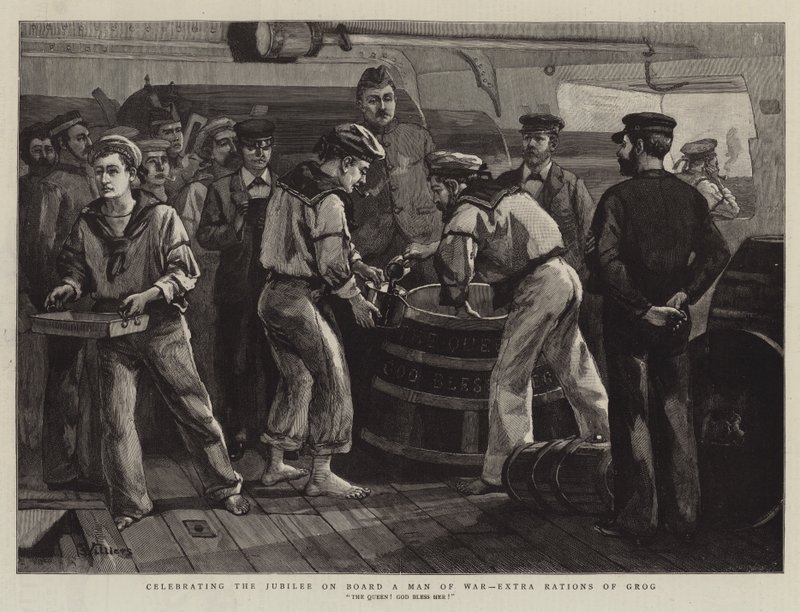 Het jubileum vieren aan boord van een oorlogsschip, extra rantsoenen grog door Frederic Villiers