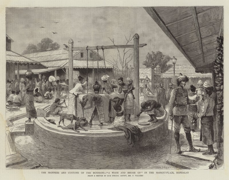 De manieren en gewoonten van de Burmezen, een was- en borstelbeurt op de markt, Mandalay door Frederic Villiers