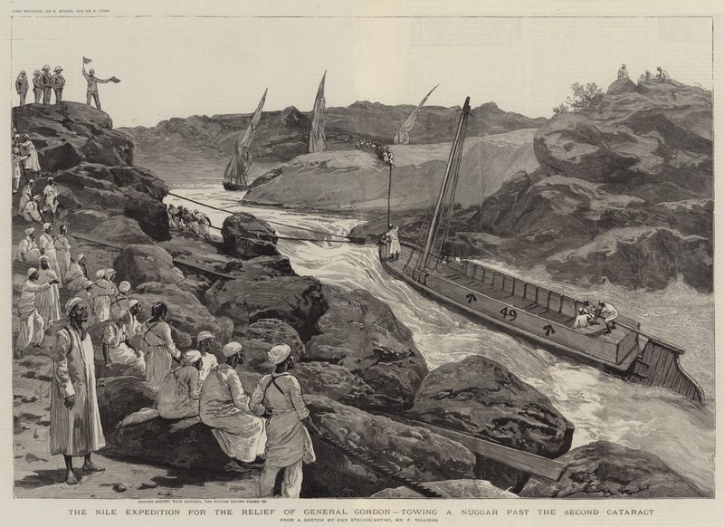 De Nijl-expeditie voor de verlichting van generaal Gordon, een Nuggar slepend langs de Tweede Cataract door Frederic Villiers