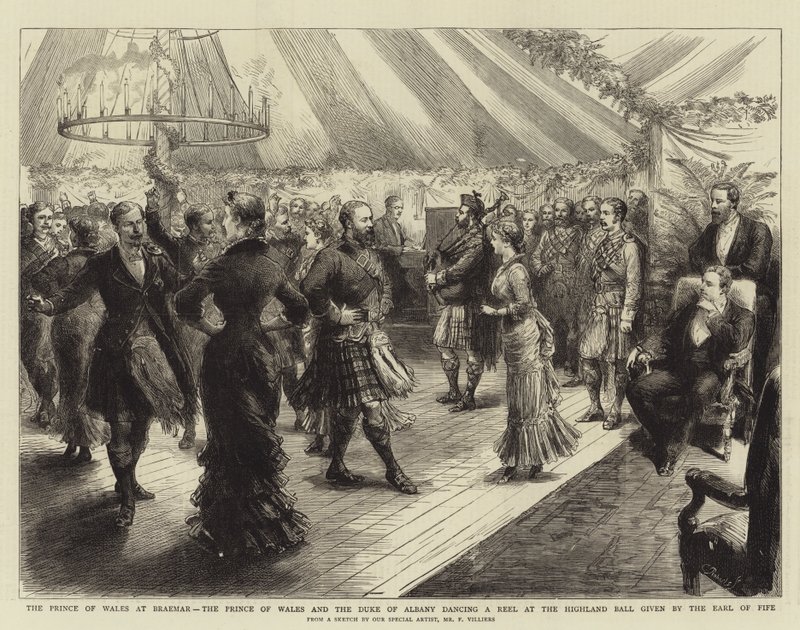 De Prins van Wales bij Braemar, de Prins van Wales en de Hertog van Albany dansen een Reel op het Highland Bal gegeven door de Graaf van Fife door Frederic Villiers
