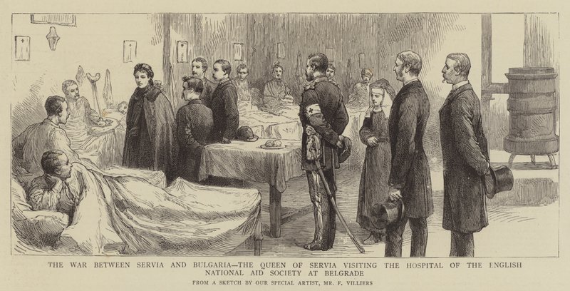 De oorlog tussen Servië en Bulgarije, de koningin van Servië bezoekt het ziekenhuis van de Engelse Nationale Hulpvereniging in Belgrado door Frederic Villiers