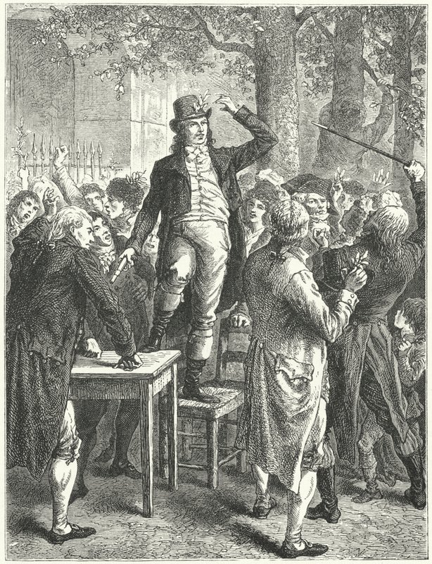 Toespraak van Camille Desmoulins in de tuin van het Palais Royal, Parijs door Frederic Theodore (after) Lix