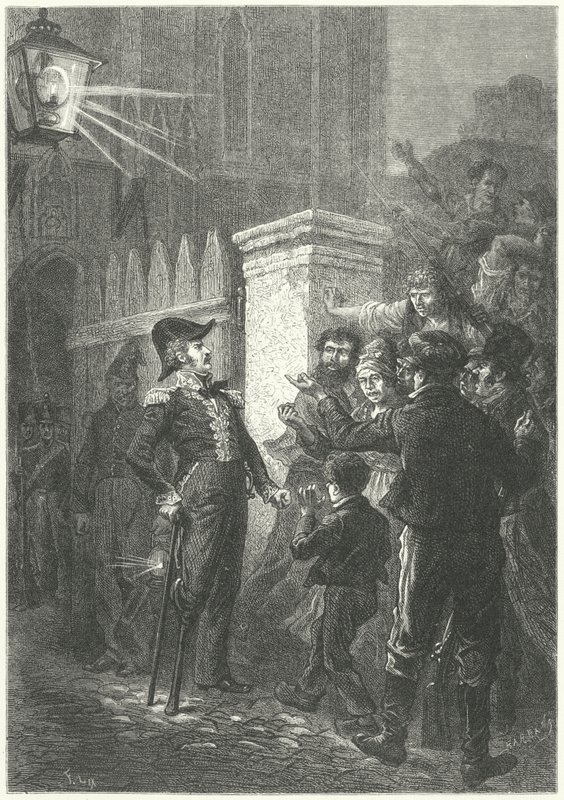 Generaal Daumesnil confronteert de Parijse menigte buiten het Kasteel van Vincennes tijdens de Franse Revolutie van 1830 (gravure) door Frederic Theodore (after) Lix