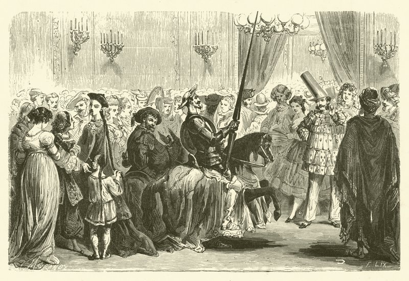Gemaskerd bal van de Grande Monde: entree van Don Quichot (gravure) door Frederic Theodore (after) Lix