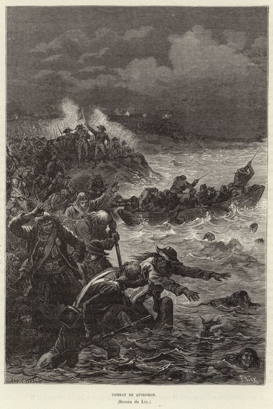 Slag bij Quiberon. Aanhangers van de Chouannerie en de Vendée-opstand proberen te vluchten voor Republikeinse troepen in Quiberon, Frankrijk, Franse Revolutie door Frederic Theodore Lix