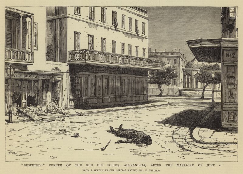 Verlaten, hoek van de Rue des Soeurs, Alexandrië, na het bloedbad van 11 juni door Frederic Villiers