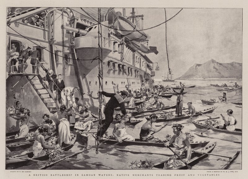 Een Brits slagschip in Samoaanse wateren, inheemse handelaren die fruit en groenten verhandelen door Frederic de Haenen