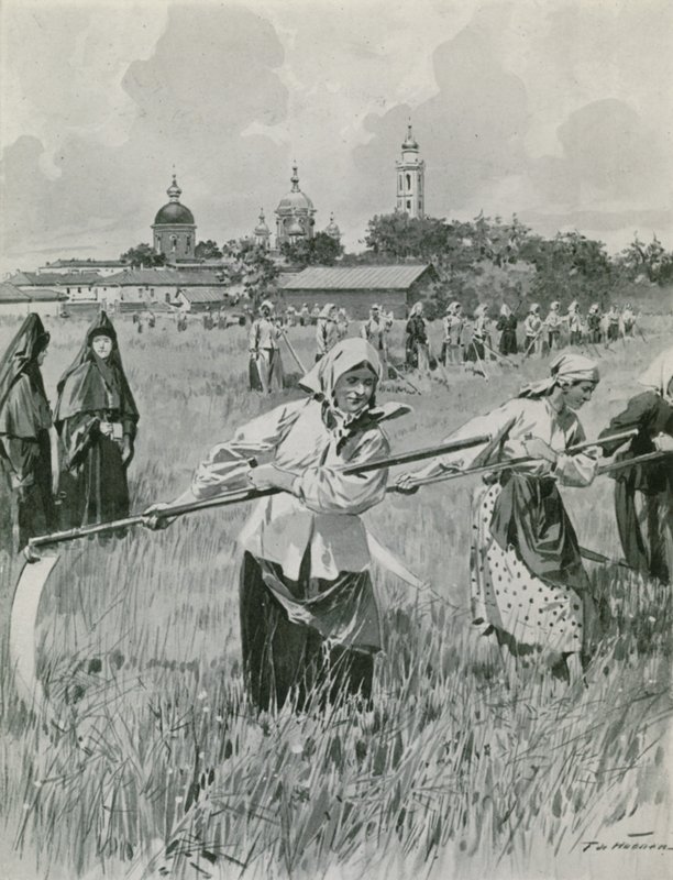 Een klooster in Novgorod: nonnen maken hooi door Frederic de Haenen
