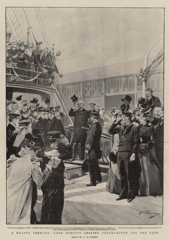 Een hartelijke uitzwaai, Lord Roberts vertrekt naar de Kaap vanuit Southampton door Frederic de Haenen